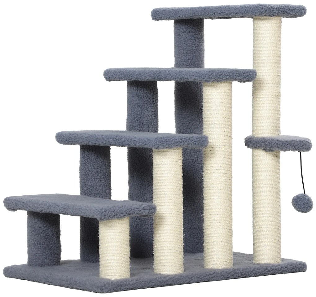 PawHut Scara pentru Pisici de 4 Nivele Acoperit cu Franela Stalp de Zgarci Bola Agatatoare 60x40x64 cm Gri | Aosom Romania