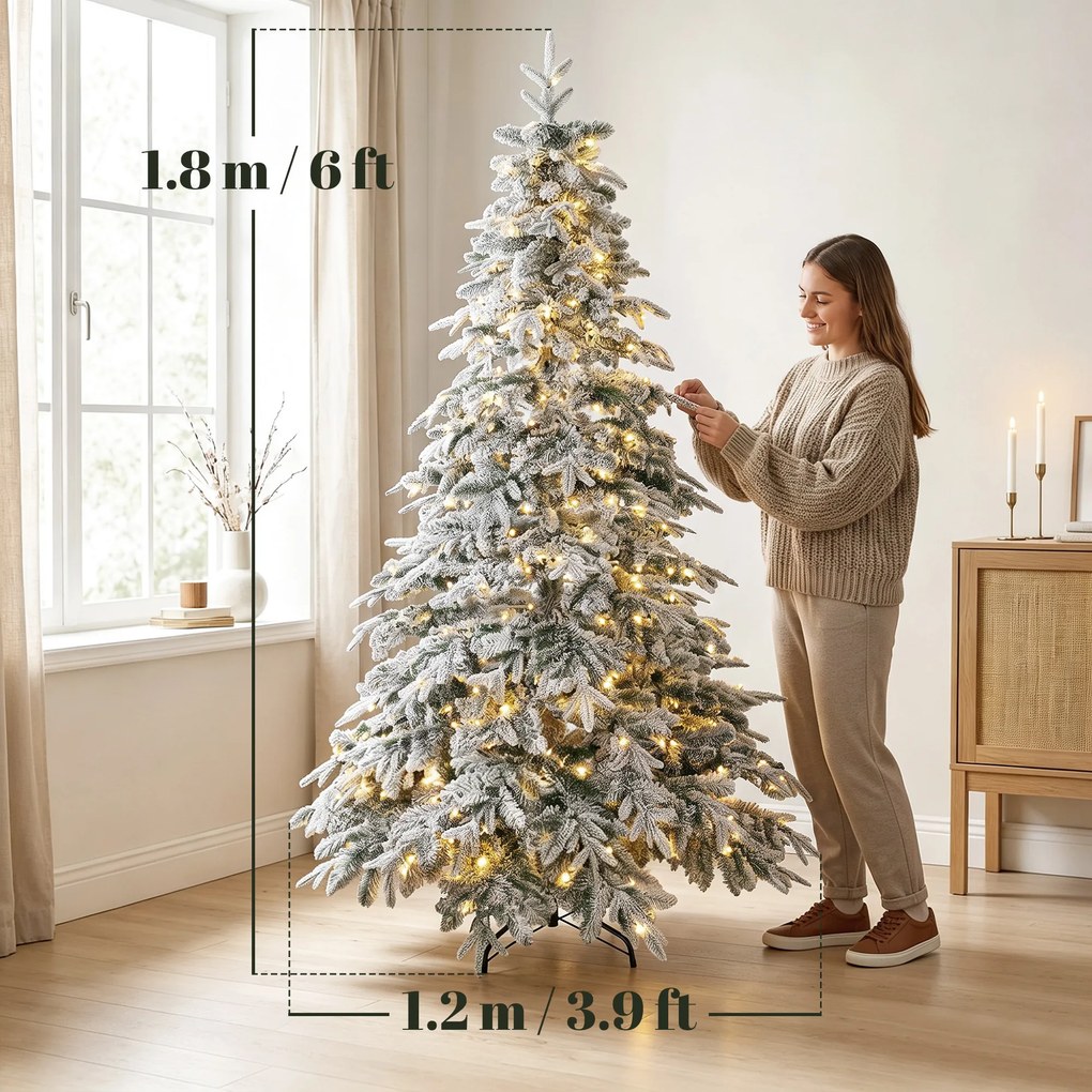 HOMCOM Brad de Crăciun Înzăpezit 180 cm cu 350 de Lumini LED Alb Cald, Timer, Telecomandă, 8 Modalități, 740 de Ramuri Ignifuge | Aosom Romania