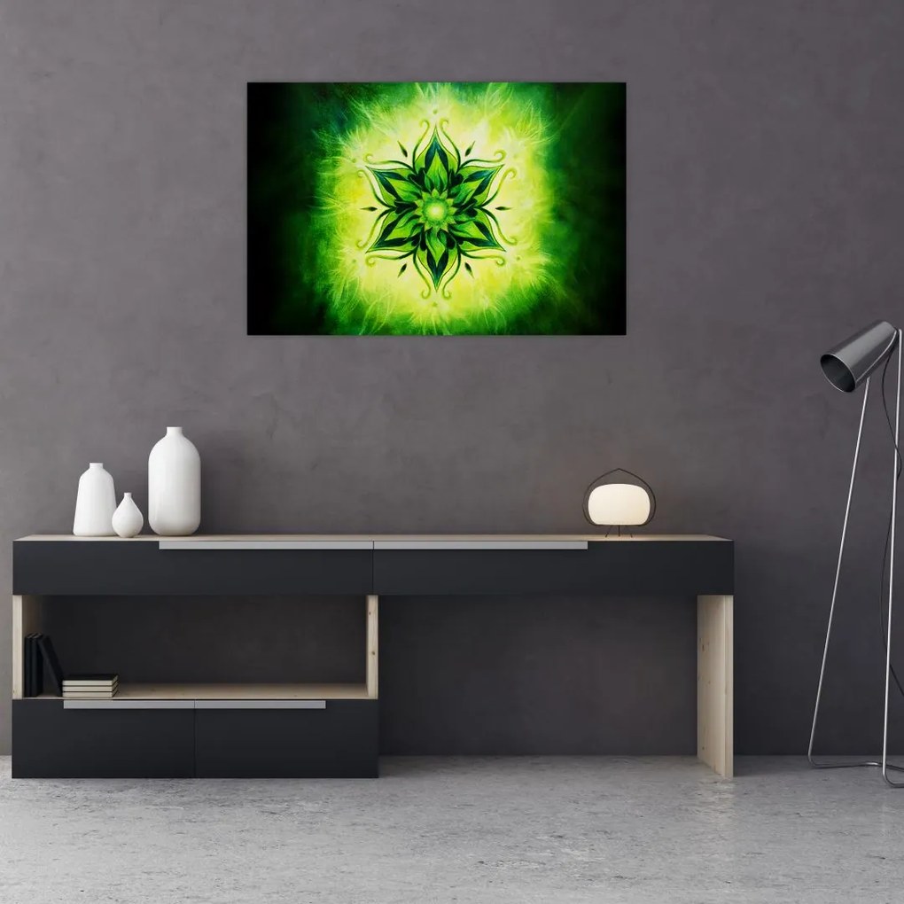 Tablou - Mandala de flori, fundal verde (90x60 cm)
