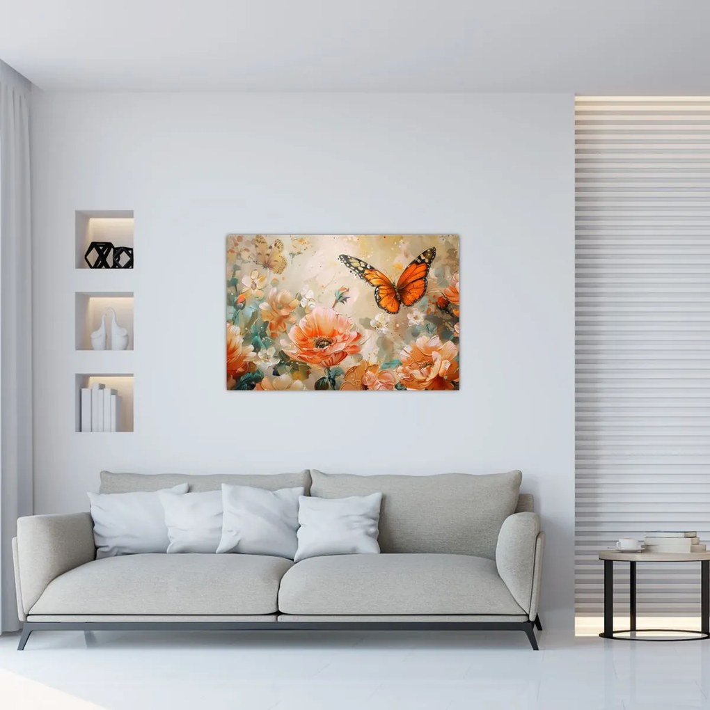 Tablou - Fluture și flori, pictură în ulei (90x60 cm)