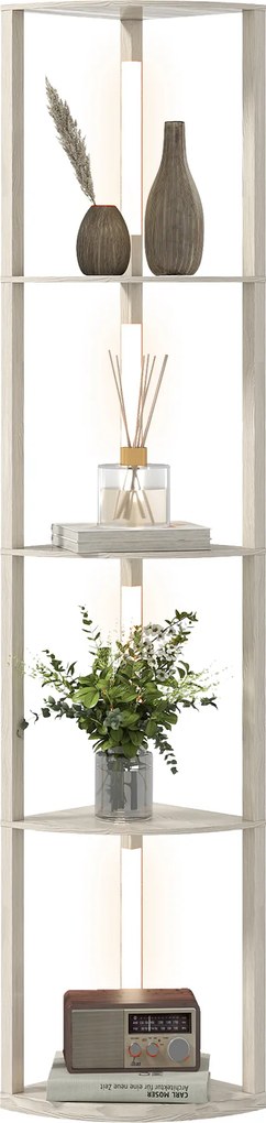 HOMCOM Lampă LED de podea, raft de colț, dimabilă, 4 rafturi, lumină alb cald, 41x30x164cm, stejar | Aosom Romania