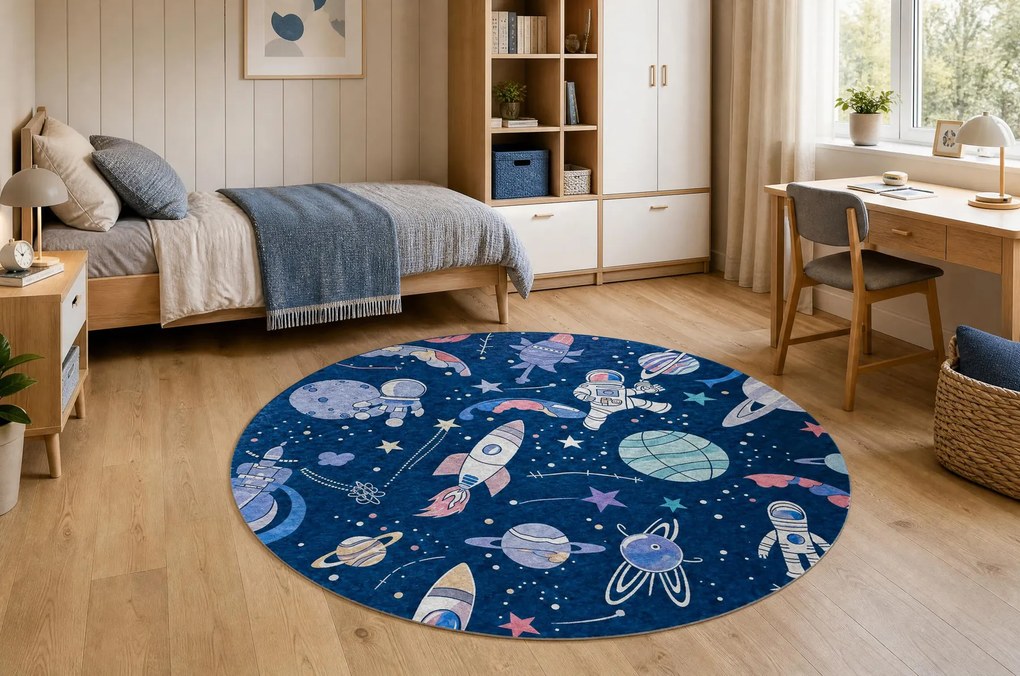 BAMBINO 61580 cerc covor lavabil rachetă spațială pentru copii anti-alunecare - bleumarin / portocaliu