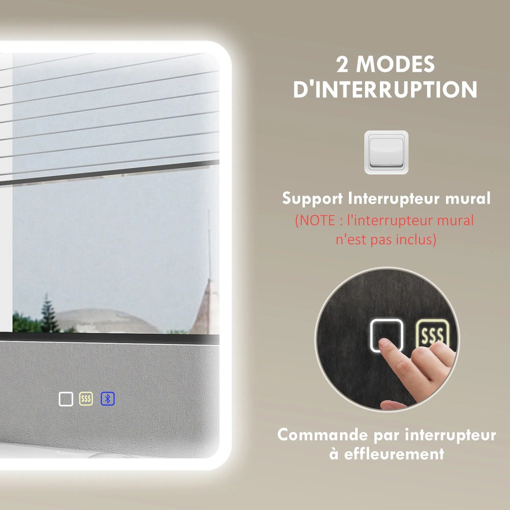 HOMCOM Oglindă de baie LED bluetooth 70 x 90 cm interruptor tactil lumină reglabilă 3 culori anti-abur memorie argintiu | Aosom Romania