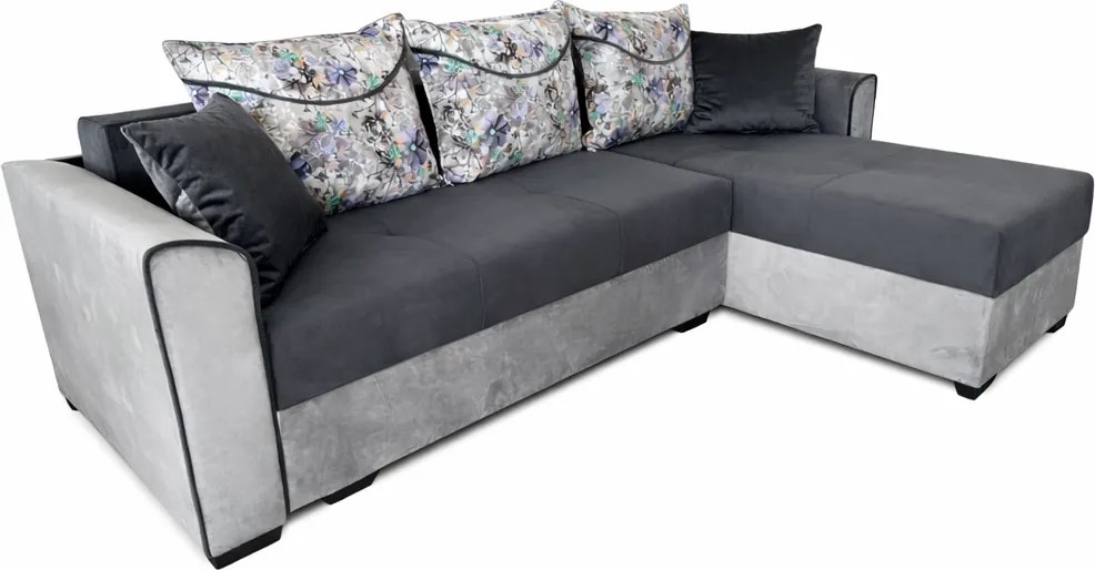 Coltar Lori, 4 locuri, cu 2 lazi de depozitare, catifea, 260x95x80 cm, culoare gri inchis cu gri deschis Stânga, catifea, Gri Inchis + Gri Deschis