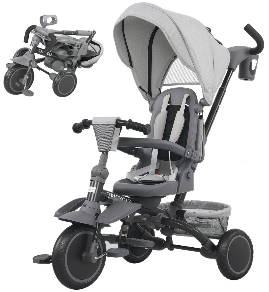 AIYAPLAY Triciclu bebeluș evolutiv 6 în 1, triciclu copil pliabil cu mânere pentru părinți reglabile, scaun pivotant 360°, gri | Aosom Romania
