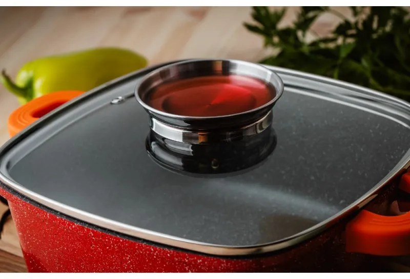 Cratita cu dozator Oliver Voltz OV54323B22A, 22 cm, 3.5 L, Capac sticla, Acoperire granit, Inductie, Rosu