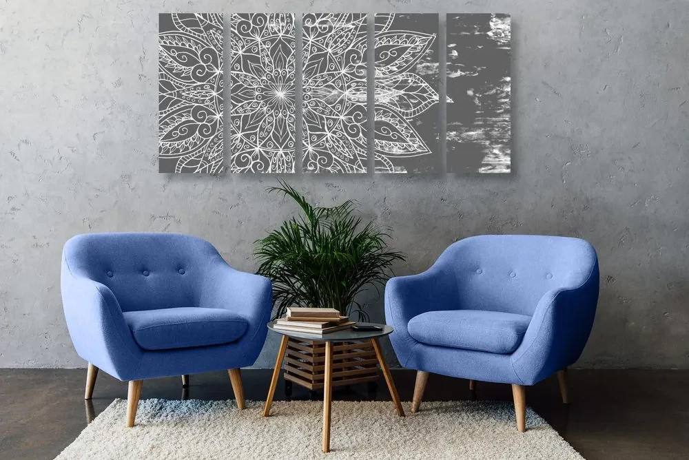 Tablou 5-piese textură de Mandala în design alb-negru