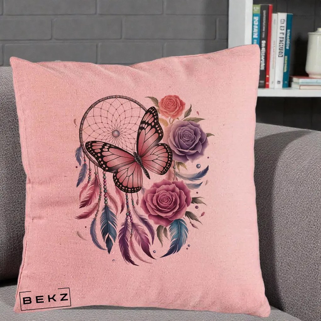 Perna Personalizata Prinzator de Vise cu Fluture si Trandafiri, 40x40 cm, Roz, Husa Detasabila, Perna Inclusa, BEKZ®