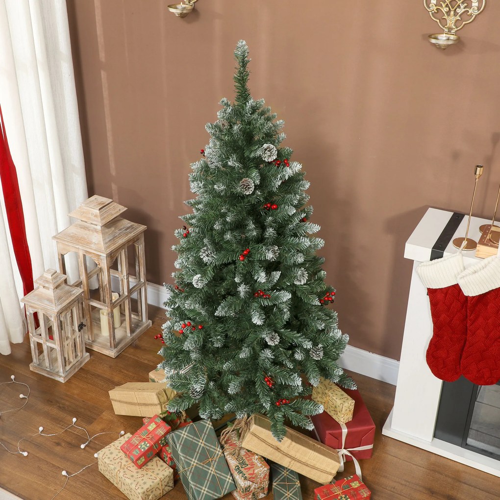 HOMCOM Brad de Crăciun Înnzăpezit Înalt de 150 cm cu 398 Ramuri, Brad Artificial de Interior cu Conuri și Boabe Roșii Decorative, Bază Metalică, Verde | Aosom Romania