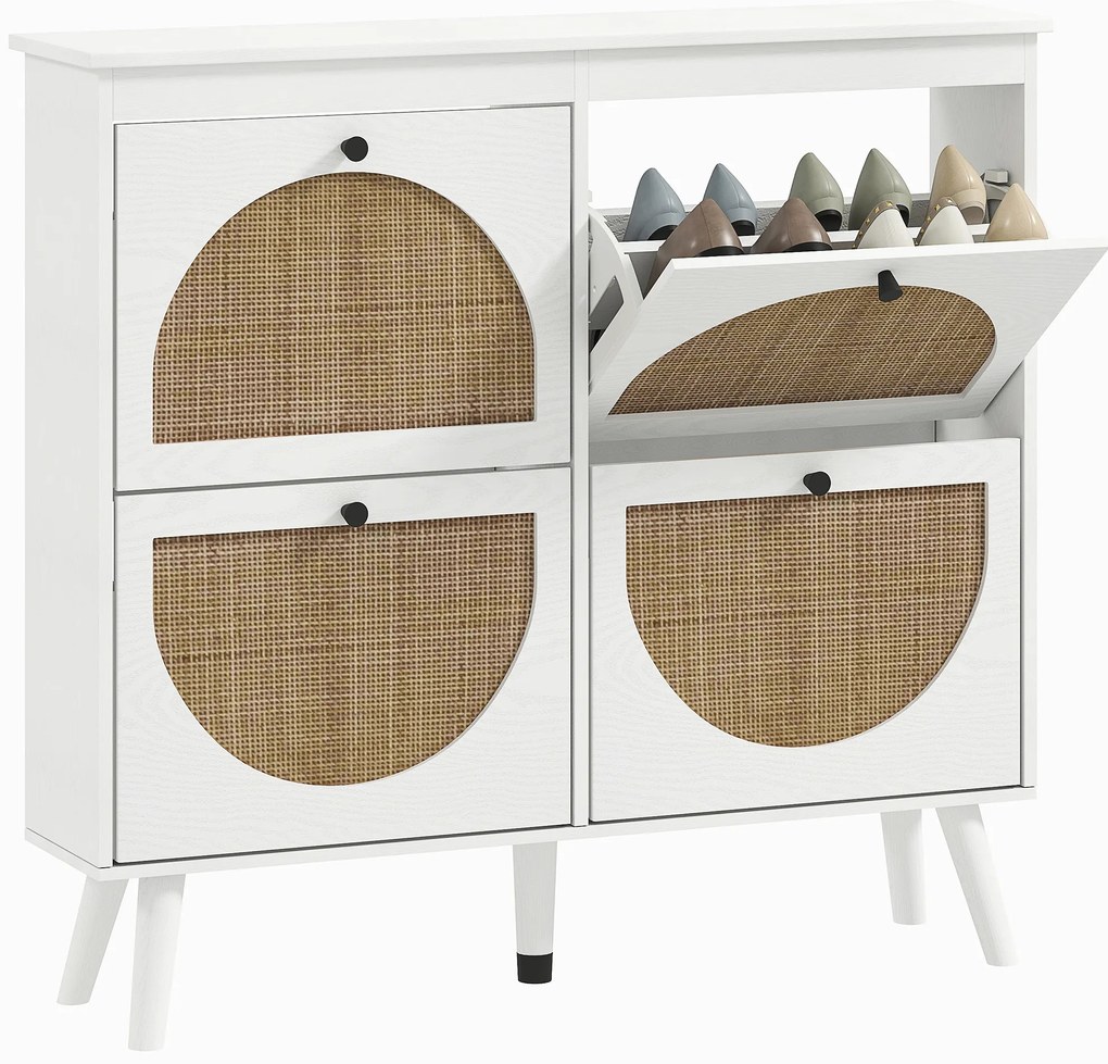 HOMCOM Dulap de pantofi 4 plier 20 de perechi raft ajustabil stil boem picioare din lemn masiv 105 x 24 x 97.5 cm alb | Aosom Romania