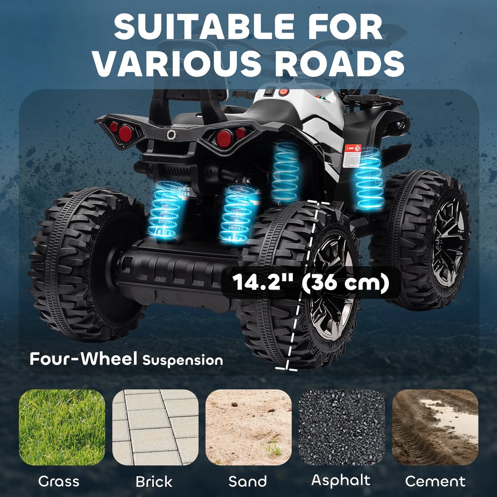HOMCOM Quad Electric pentru Copii 3-5 Ani 12V, 3-8km/h Mini Quad pentru Copii cu 2 Motoare, Muzică, MP3, Conector USB, Card TF, Faruri și Pedală, Alb | Aosom Romania