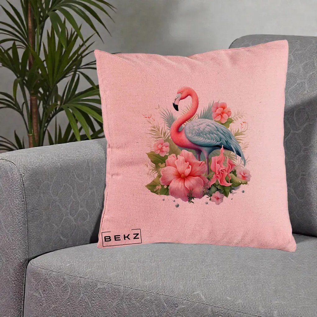 Perna Decorativa Flamingo cu Hibiscus Tropical, 40x40 cm, Roz, Husa Detasabila, Perna Inclusa, BEKZ®