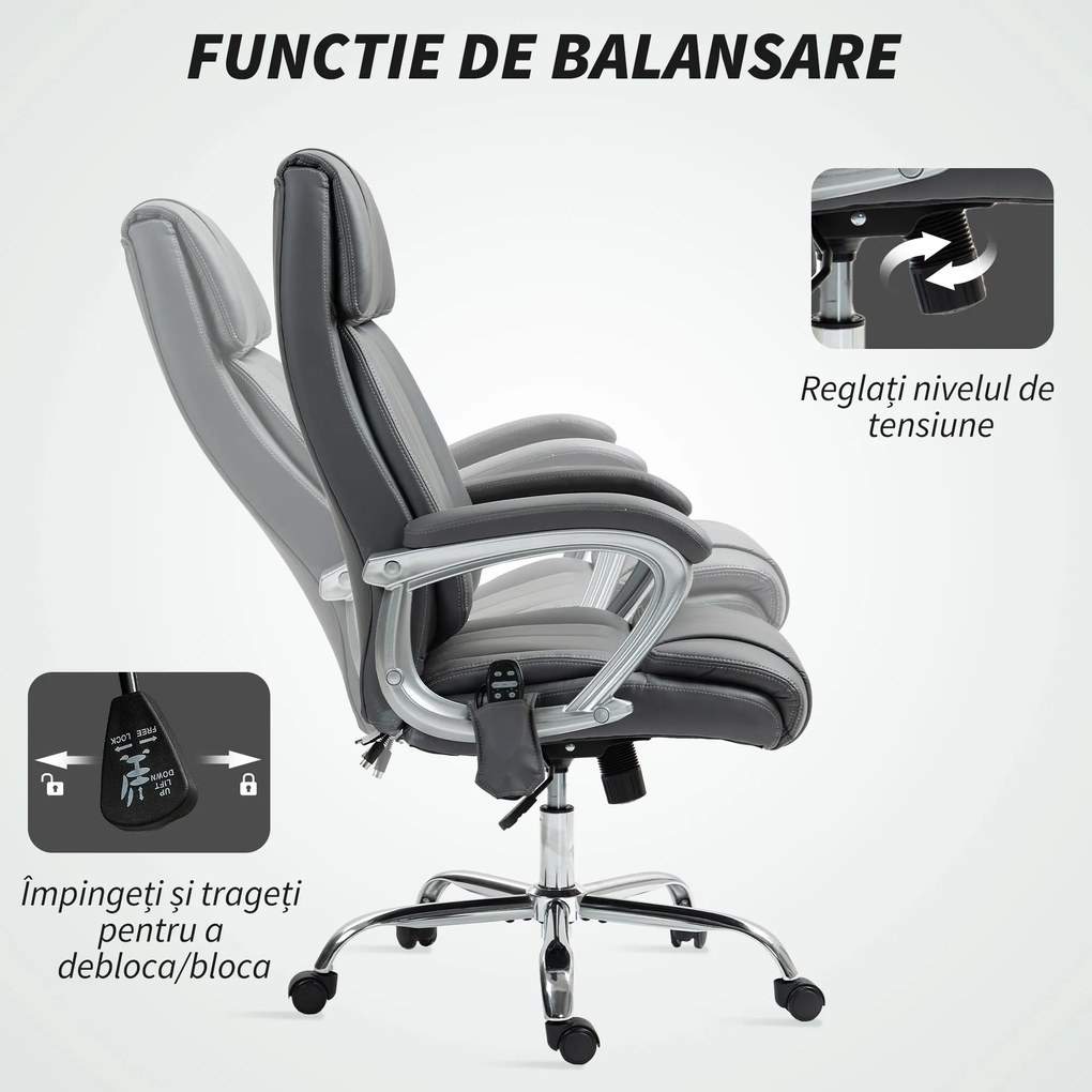HOMCOM Scaun de Birou cu Masaj în 6 Puncte, Vibrant și Înclinabil, cu Buzunar și Telecomandă, 66x72x113-121 cm, Gri | Aosom Romania