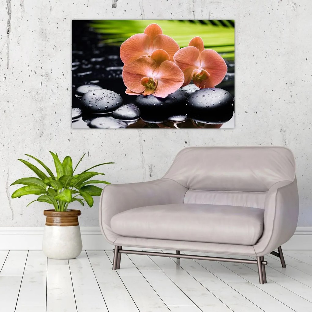 Tablou - Orhidee portocalie cu frunze de palmier (90x60 cm)