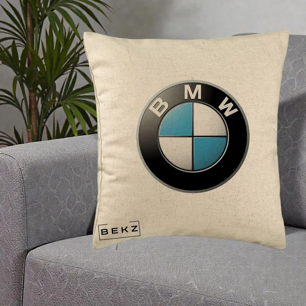 Perna Personalizata cu emblema BMW, 40x40 cm, Bej, Husa Detasabila, Perna Inclusa, BEKZ®