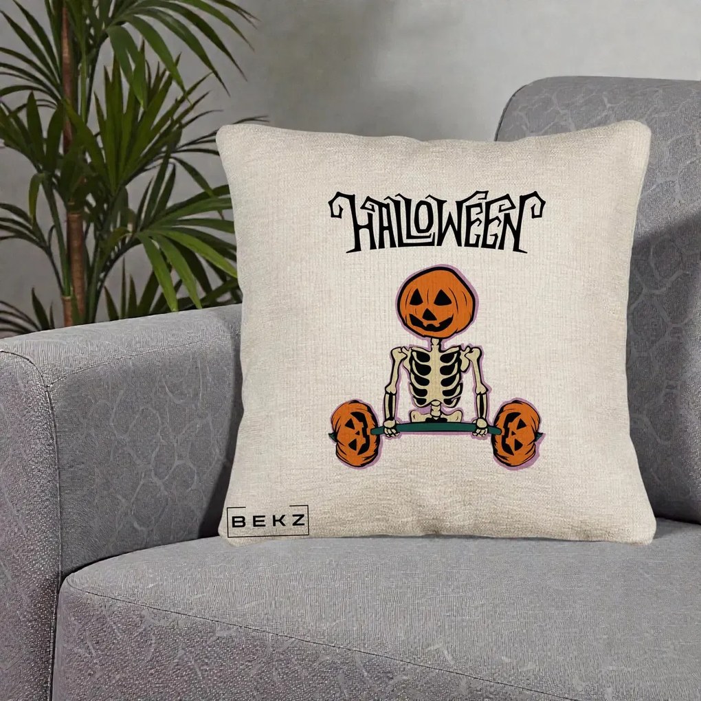 Perna Decorativa Halloween Schelet cu Cap de Dovleac Powerlifting, 40x40 cm, Bej Canapea, Husa Detasabila, Perna Inclusa, BEKZ®
