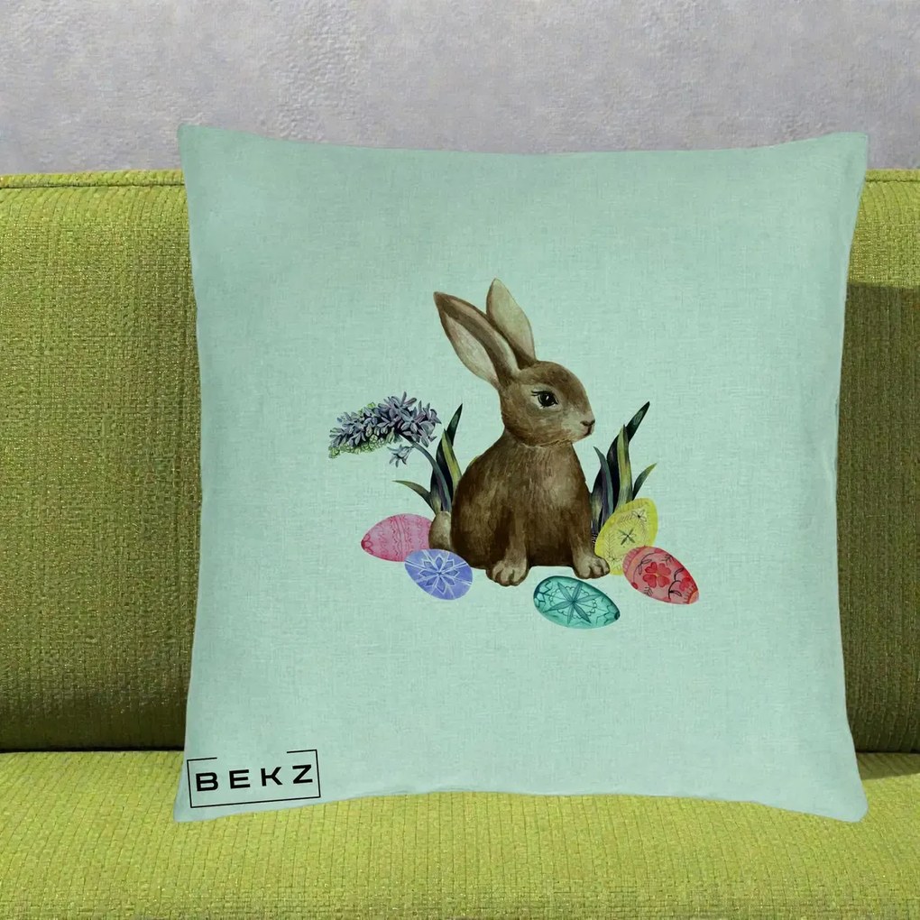 Perna Decorativa Iepuras cu Oua de Pasti Acuarela, 40x40 cm, Verde Menta, Husa Detasabila, Perna Inclusa, BEKZ®