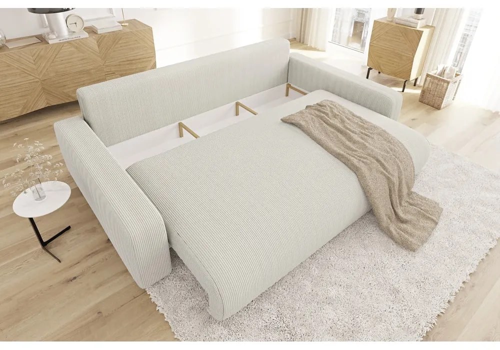 Canapea crem extensibilă, cu spațiu de depozitare, cu tapițerie din catifea reiată 234 cm Sara – Ropez