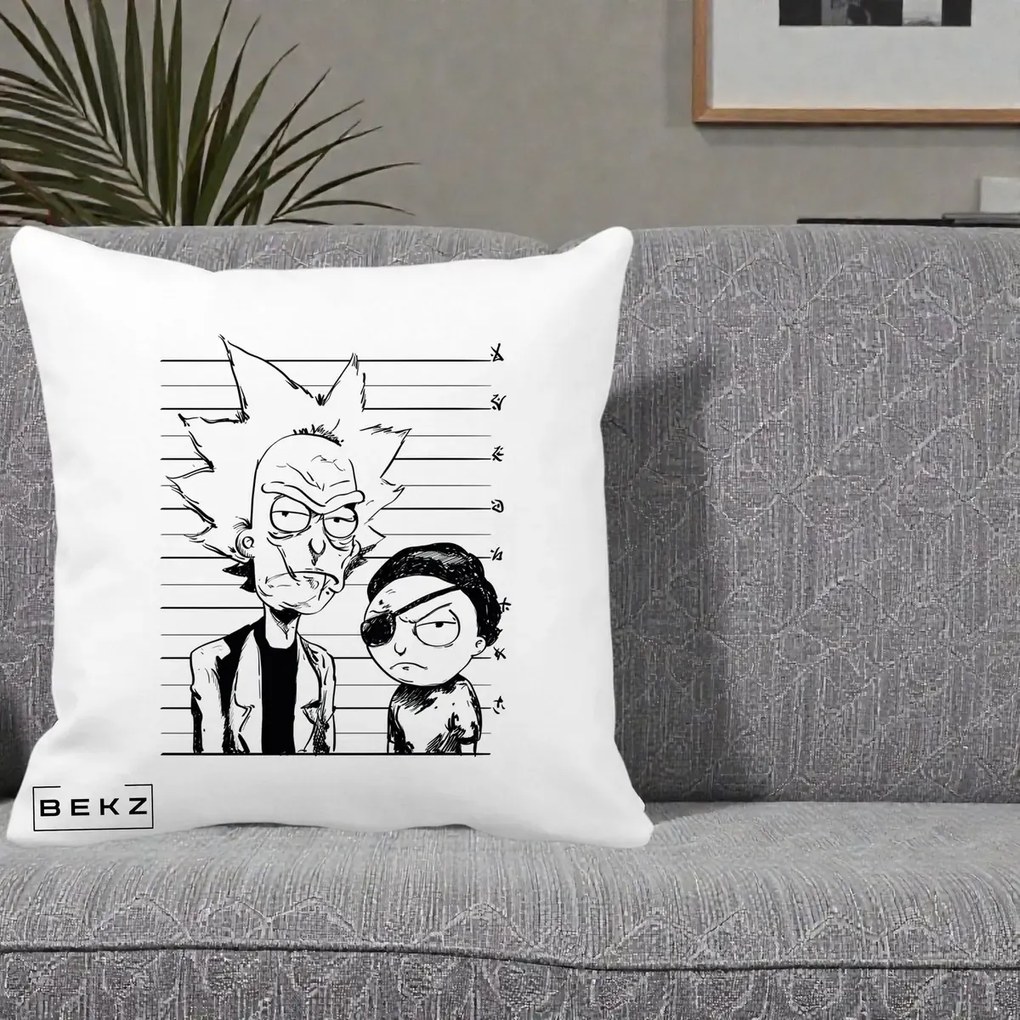 Perna Personalizata Rick si Morty Dosar, 40x40 cm, Alba Mata, Husa Detasabila, Perna Inclusa, BEKZ®