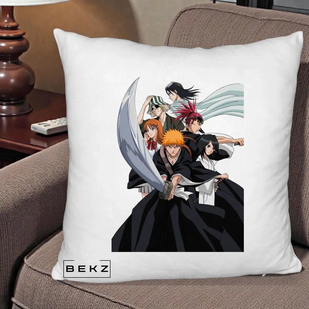 Perna Personalizata Bleach Grup Complet Ichigo si Prietenii, 40x40 cm, Alb Pufos, Husa Detasabila, Perna Inclusa, BEKZ®