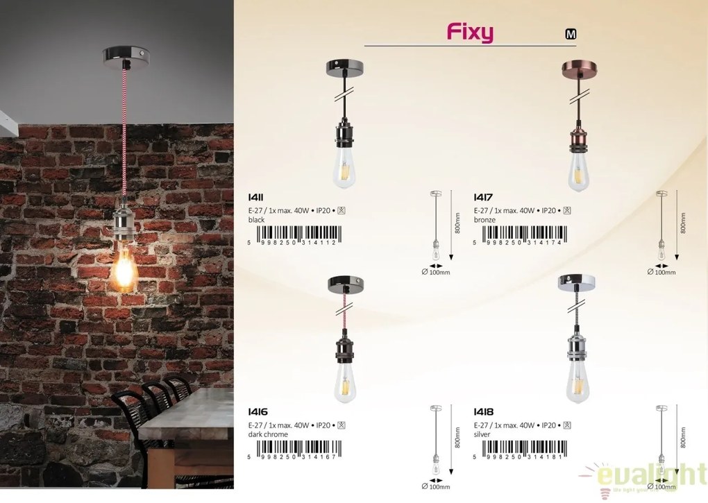 Lustra, Pendul design Industrial Style, finisaj negru, diametru 10cm, Fixy 1411 RX