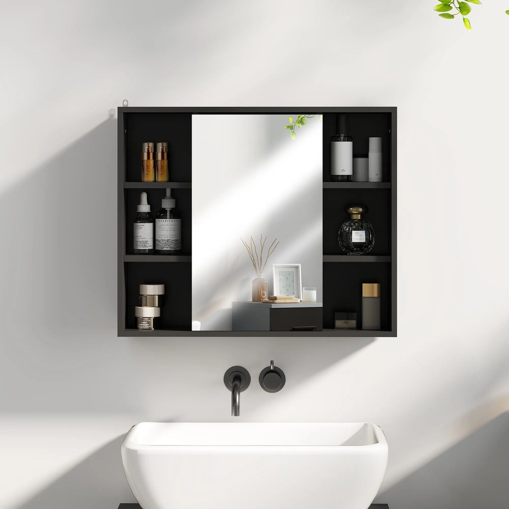 HOMCOM Mobilier baie cu oglindă, dulap cu uși și 6 compartimente deschise, 60 x 14,5 x 49,4 cm, negru | Aosom Romania
