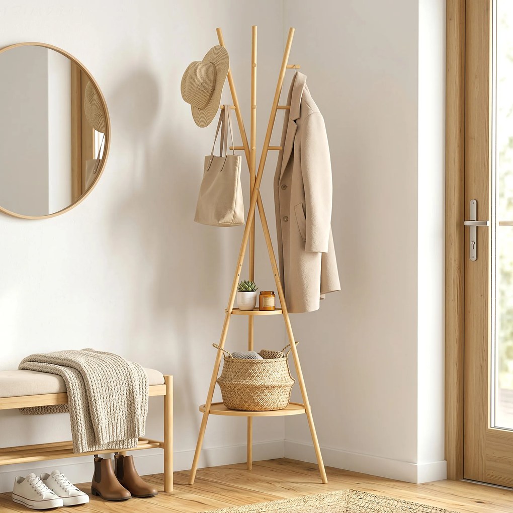 HOMCOM Cuier freestanding cu 9 cârlige și 2 polițe pentru intrare, lemn natural | Aosom Romania