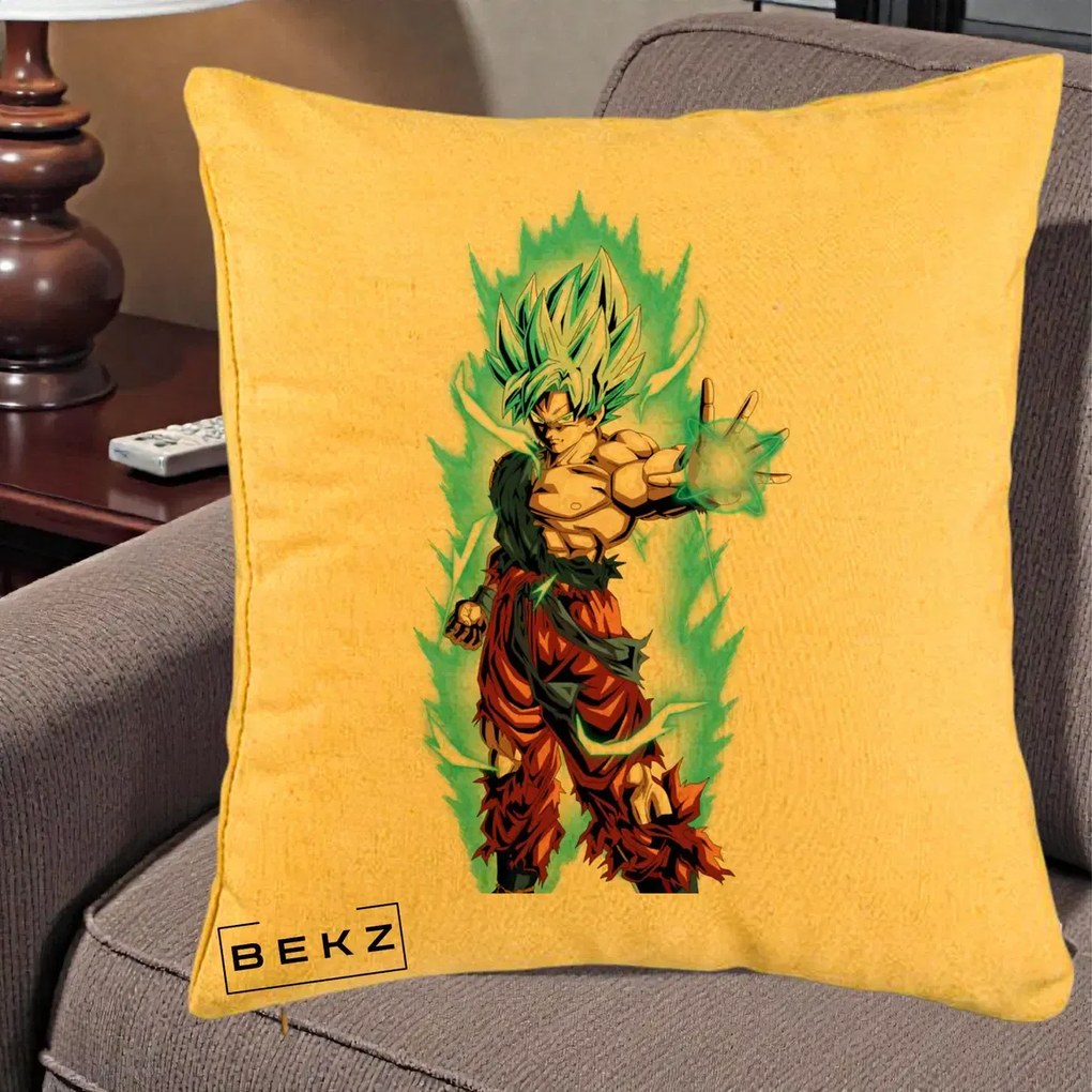 Perna Personalizata Dragon Ball Goku Ultra Instinct Blue, 40x40 cm, Galben, Husa Detasabila, Perna Inclusa, BEKZ®