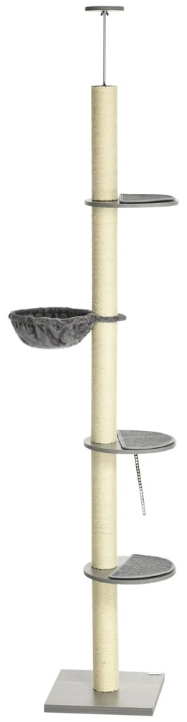 PawHut Zgâriat cu hamac, incl. Tensionare pentru tavan, înălțime totală, 40 cm x 40 cm x 250 cm, Gri + Alb crem | Aosom Romania