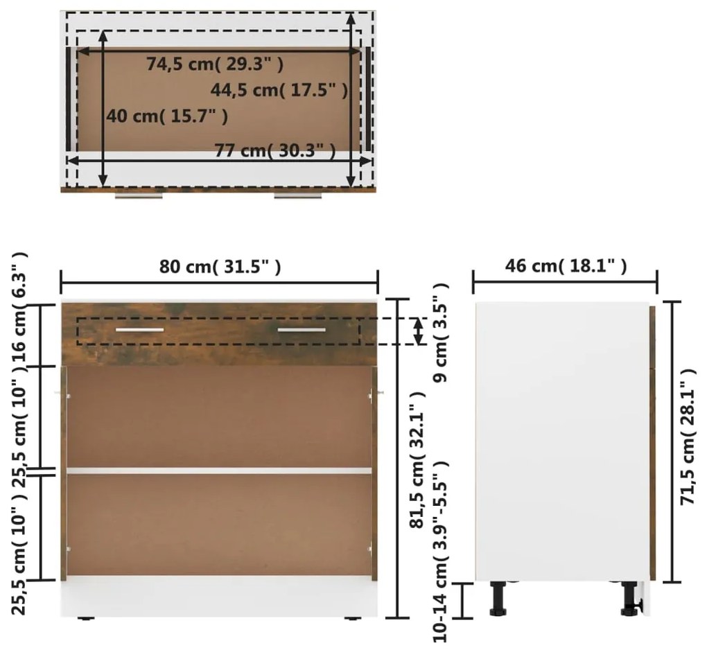 Dulap inferior de chiuveta, stejar fumuriu, 80x46x81,5 cm, lemn Stejar afumat, 1