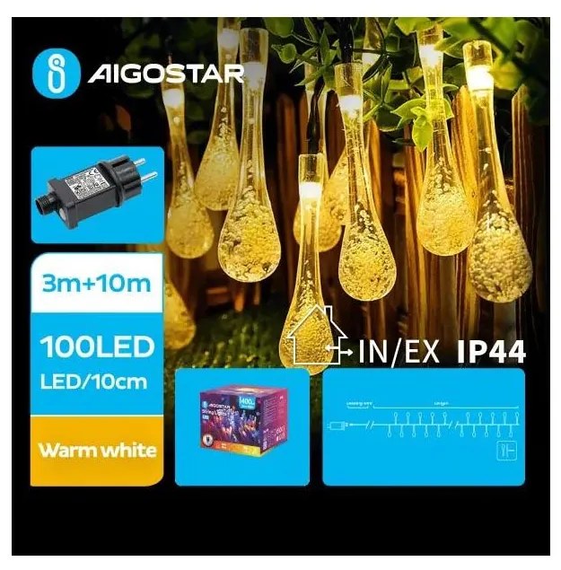 Aigostar - Ghirlandă luminoasă LED de exterior, 100 LED, 8 funcții, 13 m, IP44, alb cald