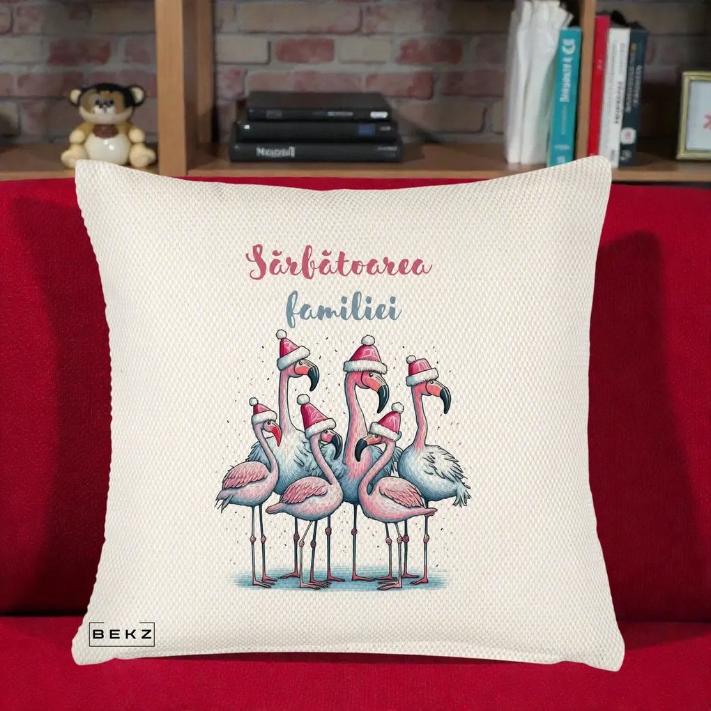 Perna Decorativa Flamingo Craciun Sarbatoarea Familiei, 40x40 cm, Crem Reliefat, Husa Detasabila, Perna Inclusa, BEKZ®