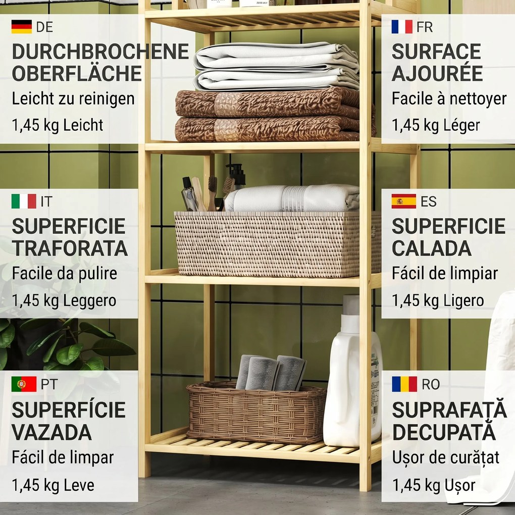 HOMCOM Raft de Depozitare pentru Baie cu 7 Niveluri, 44x33x180 cm, Lemn Natural | Aosom Romania