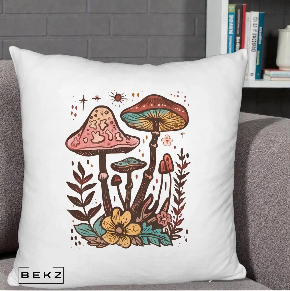 Perna decorativa Ciuperci Boho Multicolore, 40x40 cm cu Umplutura, Alb Pufos, BEKZ