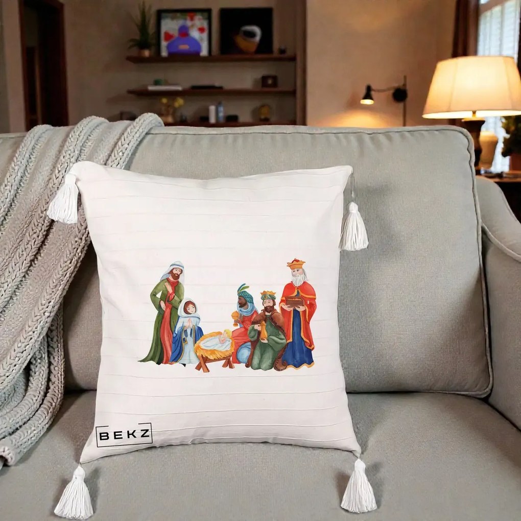 Perna Decorativa Nasterea Domnului Cei Trei Magi Acuarela, 40x40 cm, Bej cu Franjuri, Husa Detasabila, Perna Inclusa, BEKZ®