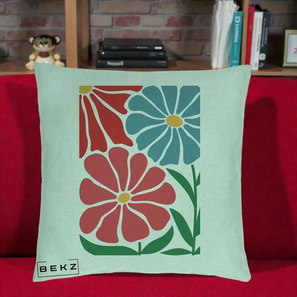 Perna Decorativa Flori Grafice Rosu-Albastru, 40x40 cm, Verde Menta, Husa Detasabila, Perna Inclusa, BEKZ®
