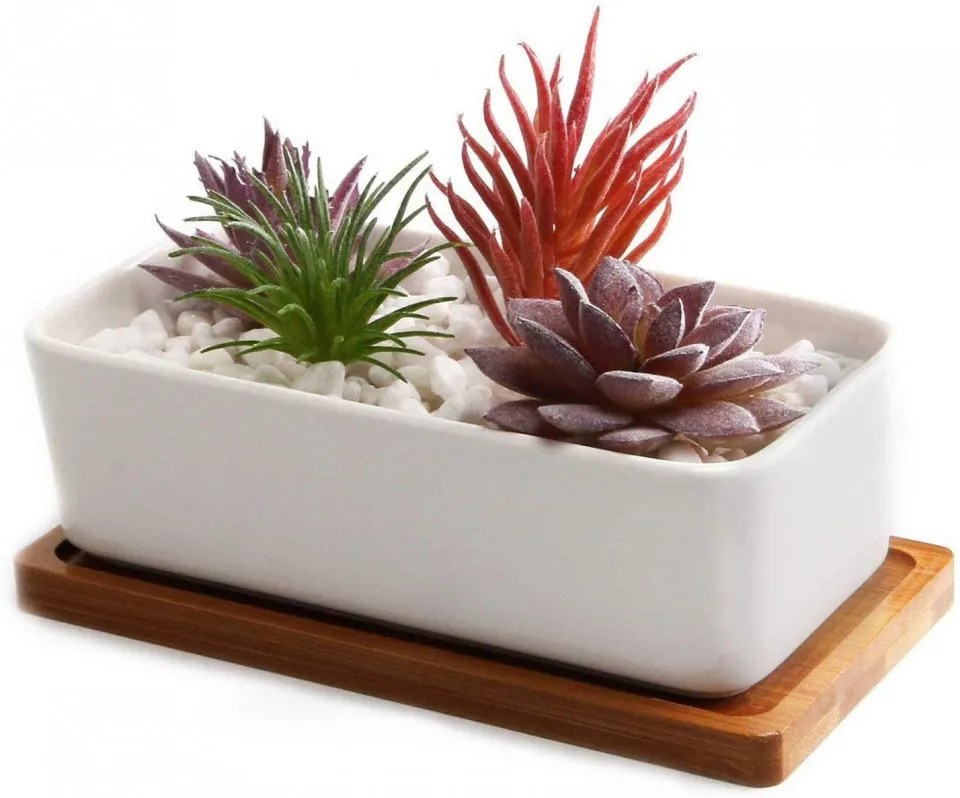 Ghiveci cu tava T4U, ceramica/bambus, 16,5 x 5,9 x 8,9 cm