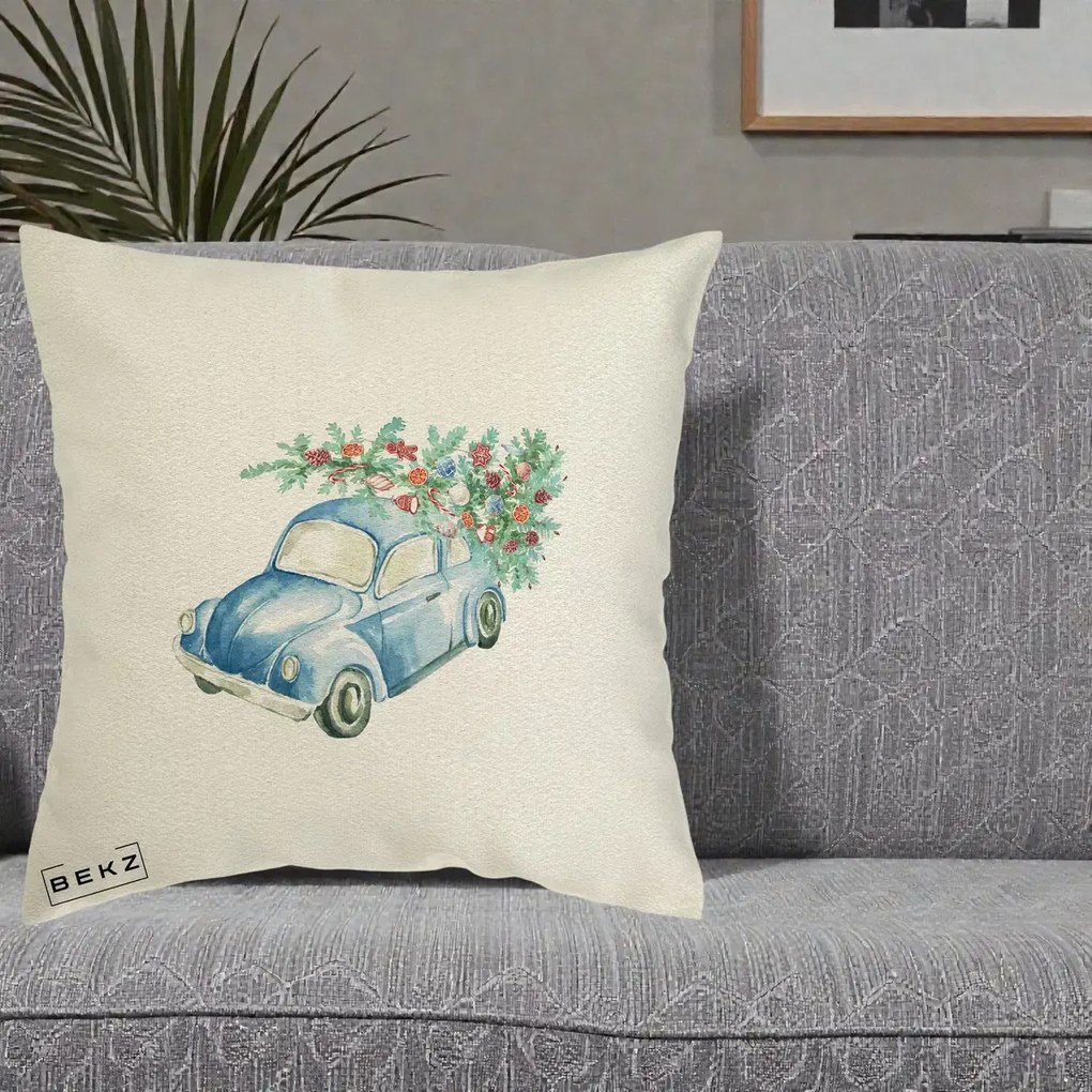 Perna Decorativa Masinuta Albastra cu Brad de Craciun, 40x40 cm, Ecru, Husa Detasabila, Perna Inclusa, BEKZ®