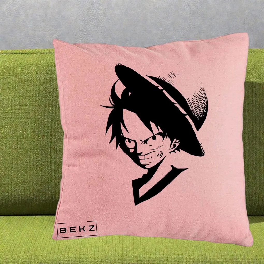 Perna Personalizata One Piece Luffy Silueta Alb-Negru, 40x40 cm, Roz, Husa Detasabila, Perna Inclusa, BEKZ®