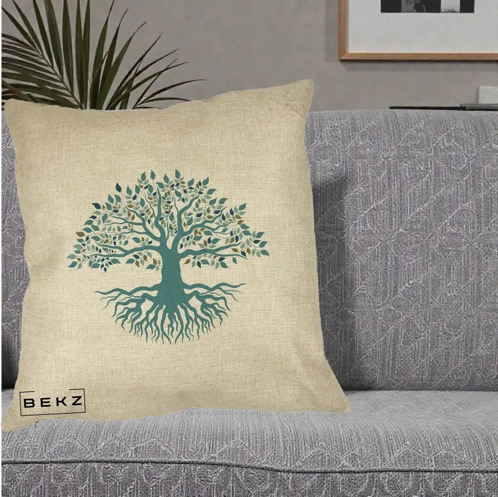 Perna Decorativa Copacul Vietii Teal cu Radacini, 40x40 cm, Crem, Husa Detasabila, Perna Inclusa, BEKZ®