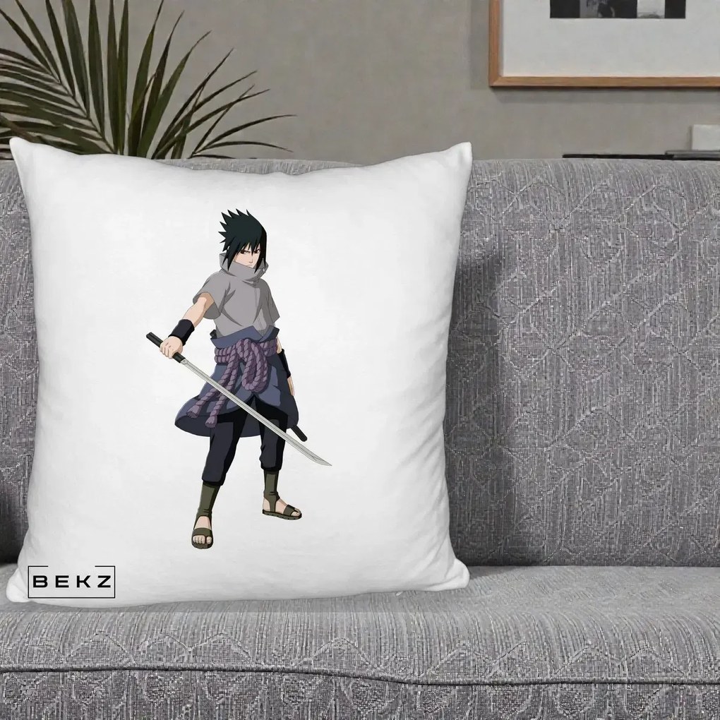 Perna Personalizata Naruto Sasuke Uchiha cu Sabia, 40x40 cm, Alb Pufos, Husa Detasabila, Perna Inclusa, BEKZ®