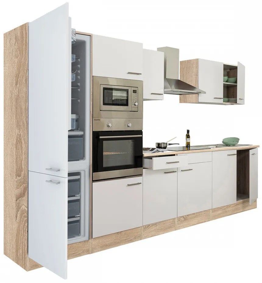 Mobilă de bucătărie Yorki 330, corp din stejar sonoma, față alb satinat, frigider cu congelator în partea de jos