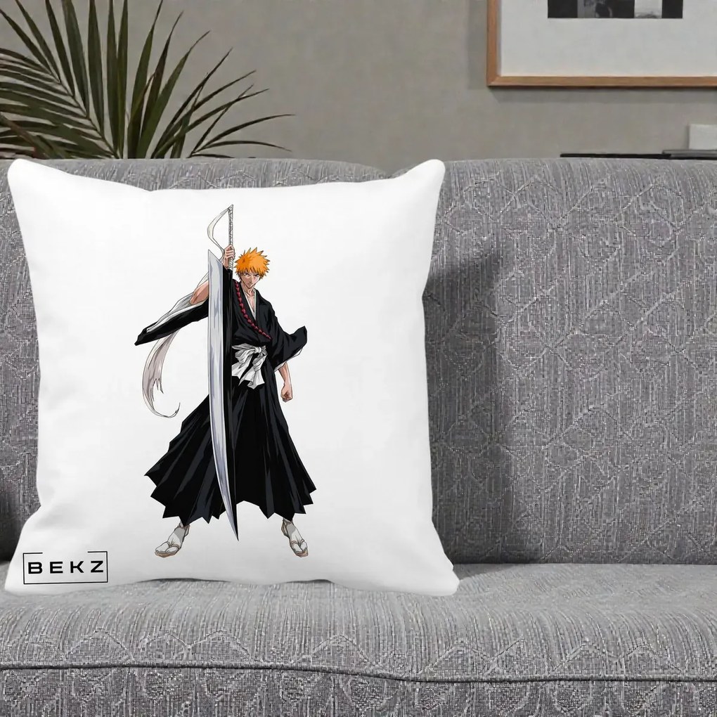 Perna Personalizata Bleach Ichigo Kurosaki Zangetsu, 40x40 cm, Alba Mata, Husa Detasabila, Perna Inclusa, BEKZ®