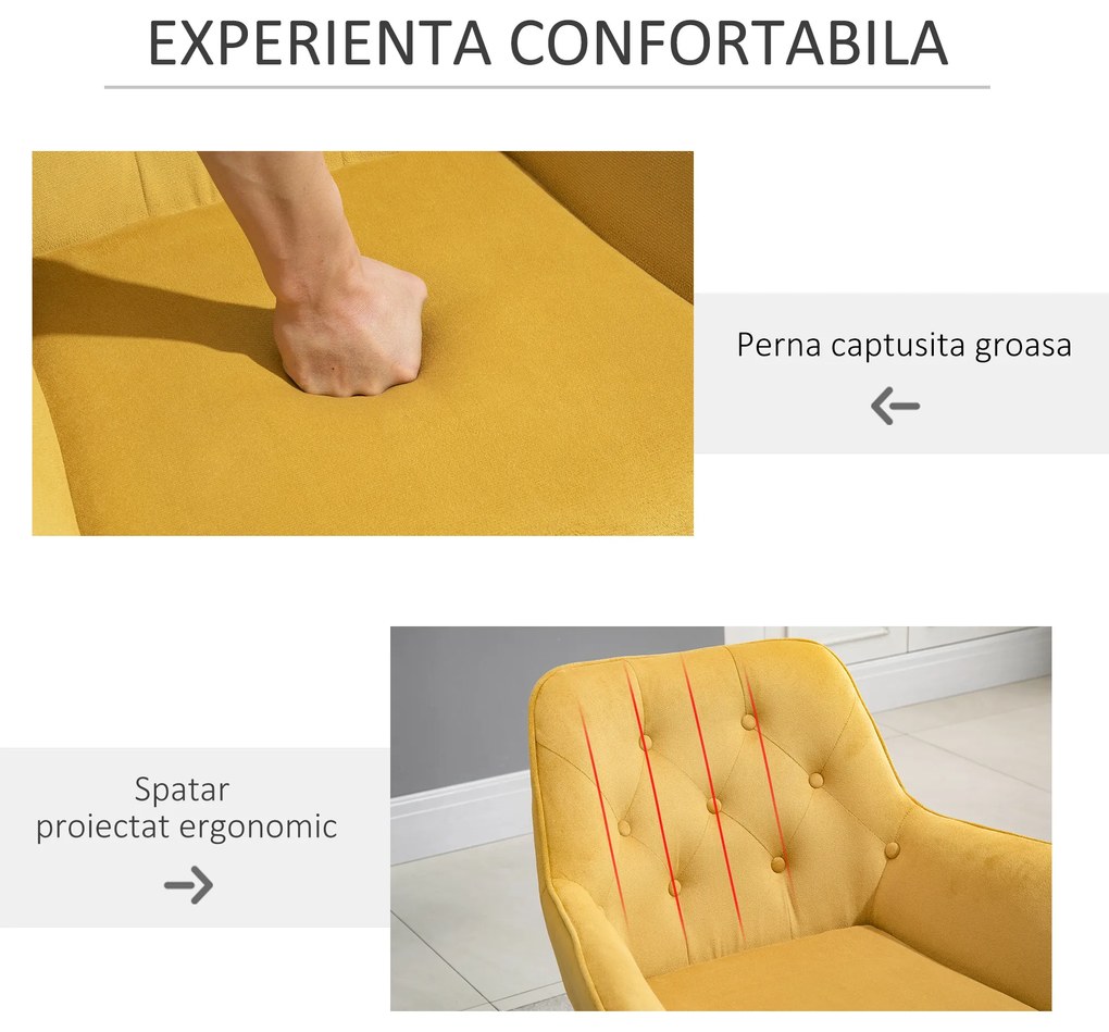 Scaun capitonat HOMCOM, cu Invelis cu textura de Catifea si Baza, Fotoliu pentru Casa si Birou 70x66.5x82cm Galben | Aosom RO