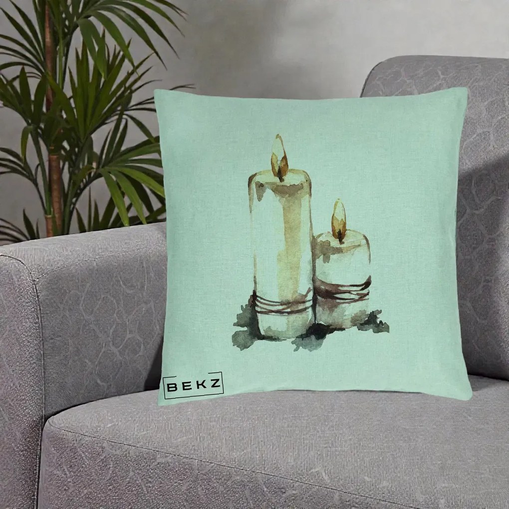 Perna Decorativa Lumanari Acuarela Iarna, 40x40 cm, Verde Menta, Husa Detasabila, Perna Inclusa, BEKZ®