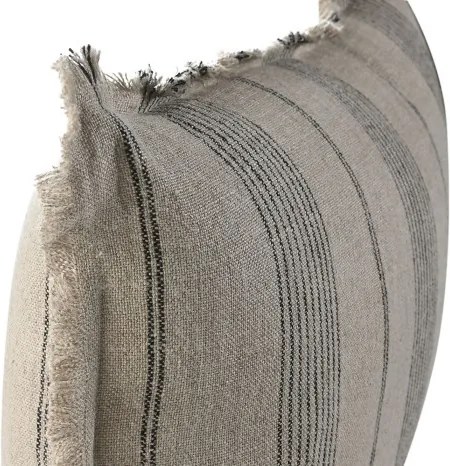 Pernă decorativă din in natural cu dungi, 60 x 40 cm, 500 g, bej și gri, franjuri, husă cu fermoar, „Linen Cushion Striped"