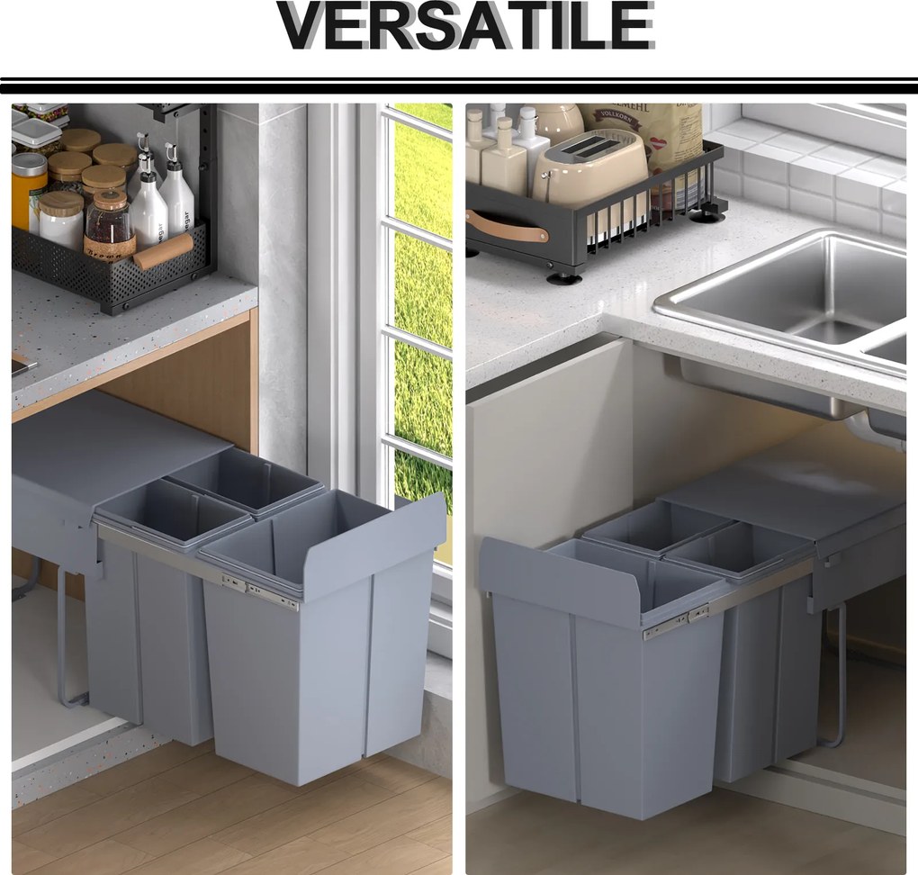 Homcom Cos Gunoi Ecologic 40L – 3 Compartimente Separate, Gri | Aosom Romania