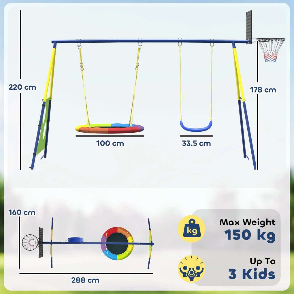 AIYAPLAY Set Leagăne de Grădină 4-în-1 pentru Copii cu Leagăne Duble, Coș de Baschet, Poartă de Fotbal, Cadru Metalic în Formă de A, Capacitate 150 kg, pentru Exterior, 3-8 Ani, 288x160x220 cm | Aosom Romania