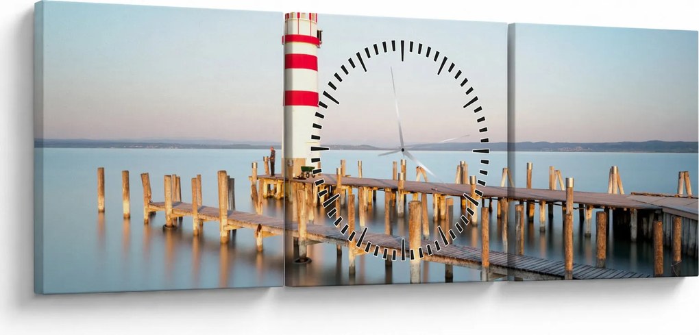 Tablou cu far la răsărit de soare (cu ceas) (90x30 cm)