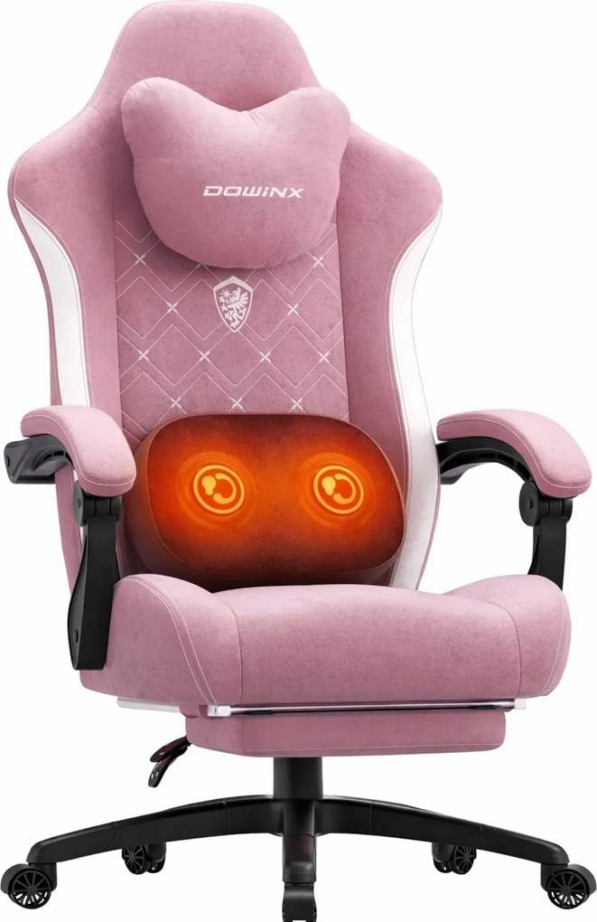 DOWINX Scaun gaming, ergonomic, Incalzire si Masaj cu Role in perna lombara, Șezut cu Arcuri Metalice și Spumă, rabatabil 90°-135°, Suport picioare, rezistent 150 kg, material textil, Roz